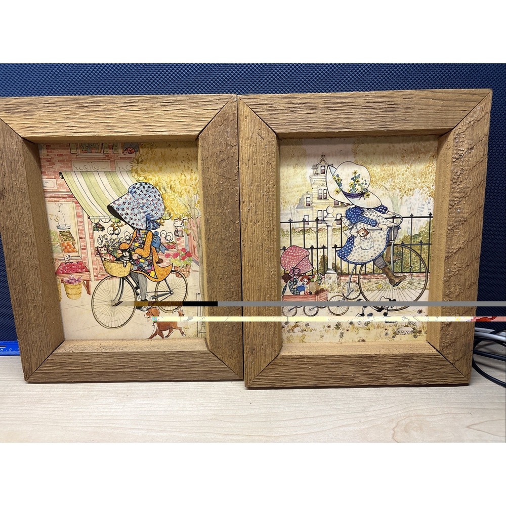 Vintage 1970s Holly Hobbie Framed Prints Pair Rustic Country Nursery Decor Set